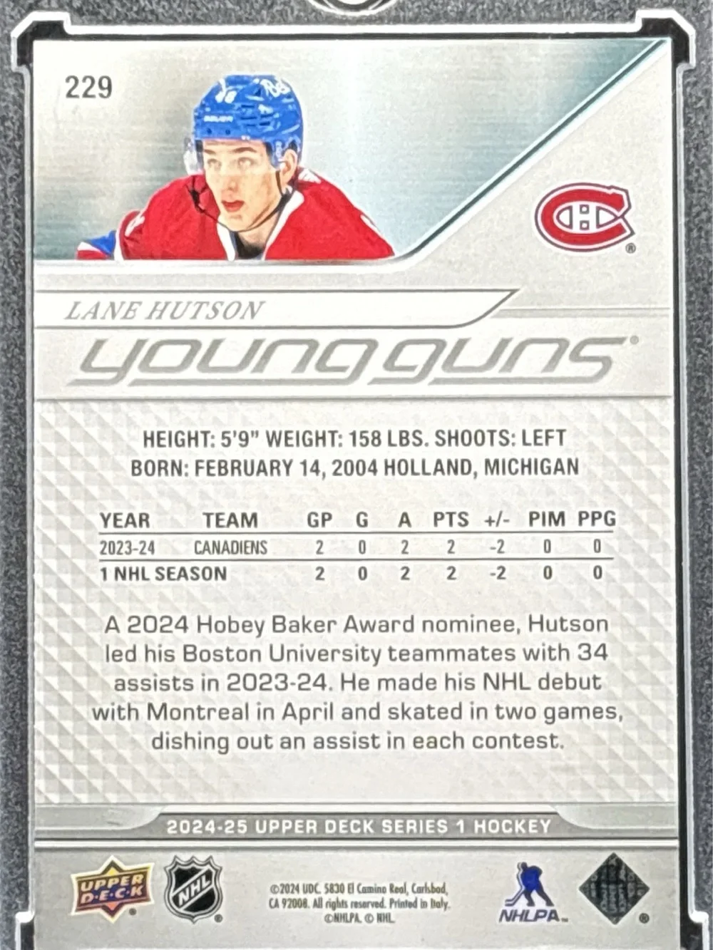 Upper Deck Young Guns Canadiens Red Hockey Trading Card - Lane Hutson